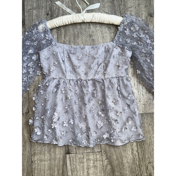 Charmed Hearts Floral Embroidered Sheer Puff Sleeve Top Sku5 - Picture 2 of 5